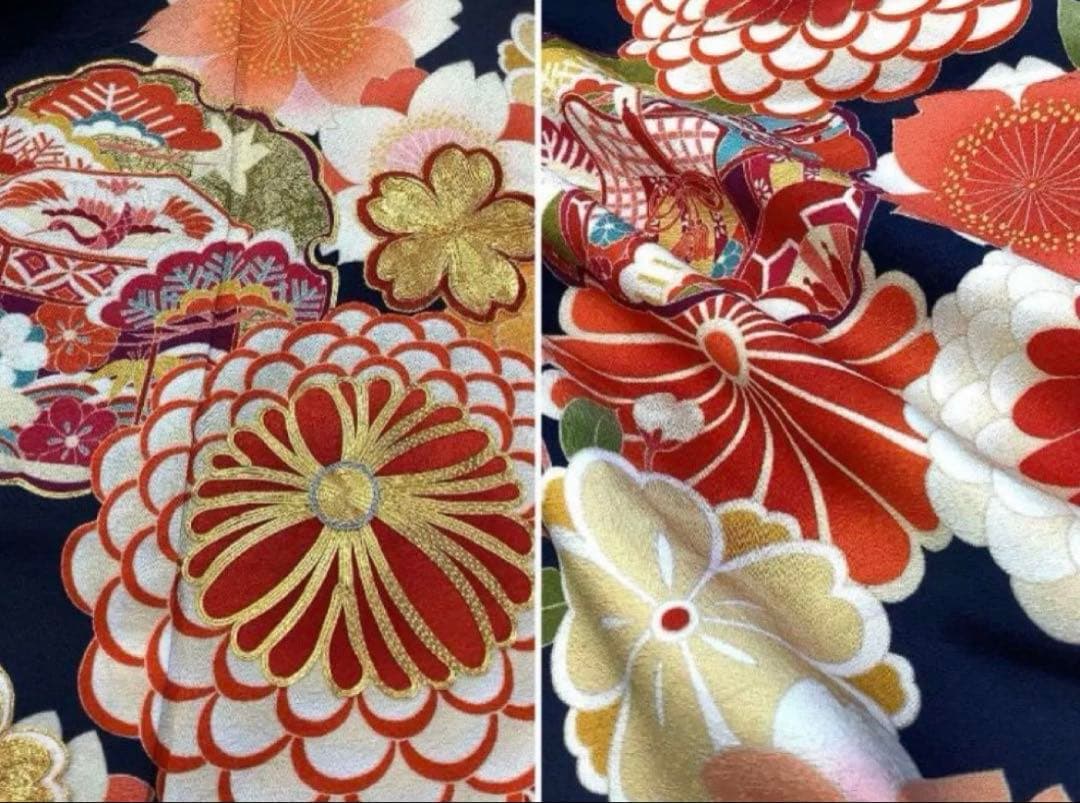 振袖　身丈170.5　裄70.5　高身長　成人式　卒業式　袴　濃紺　オレンジ　赤