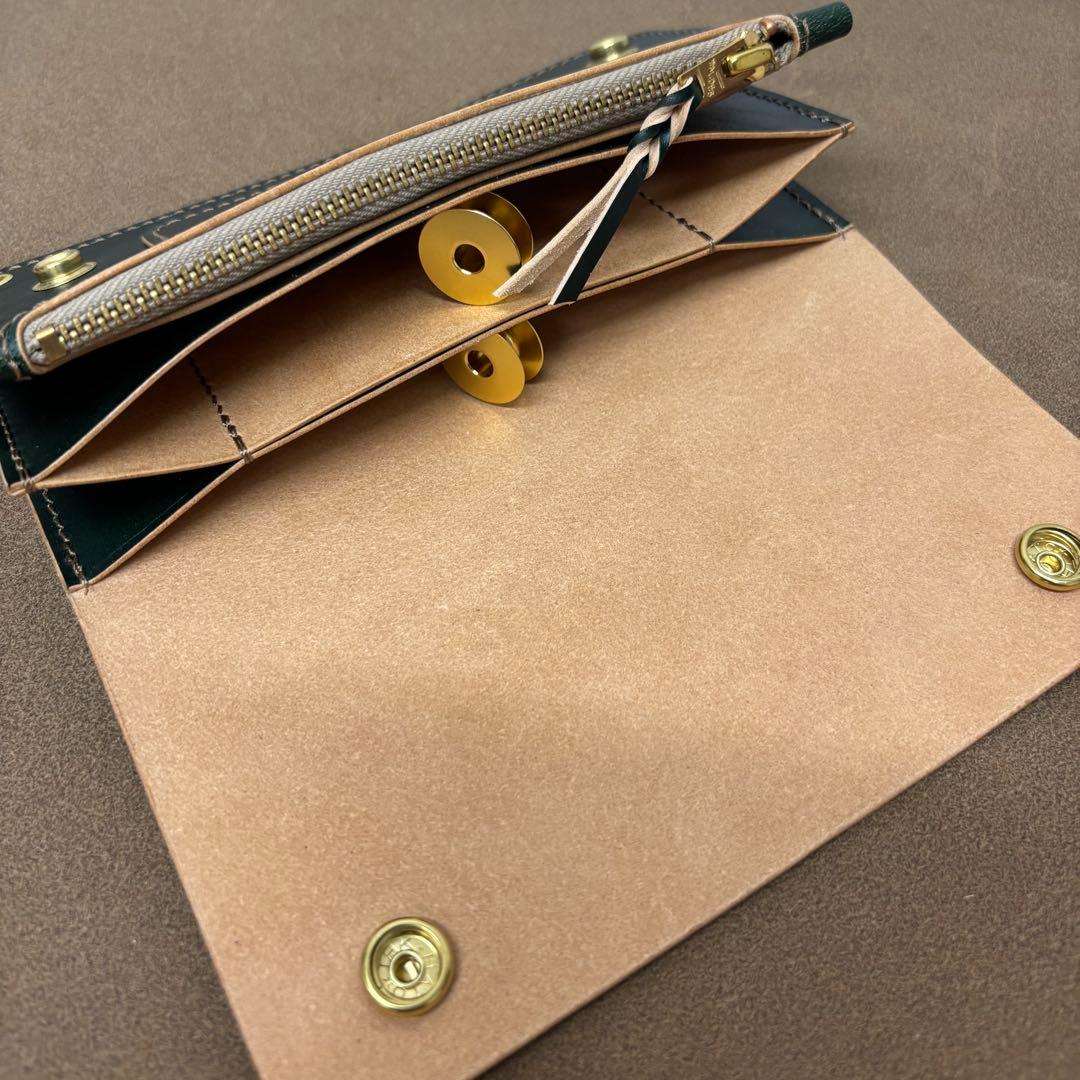 ホースハイド　トラッカーウォレット　グリーン　茶心　3層　alps