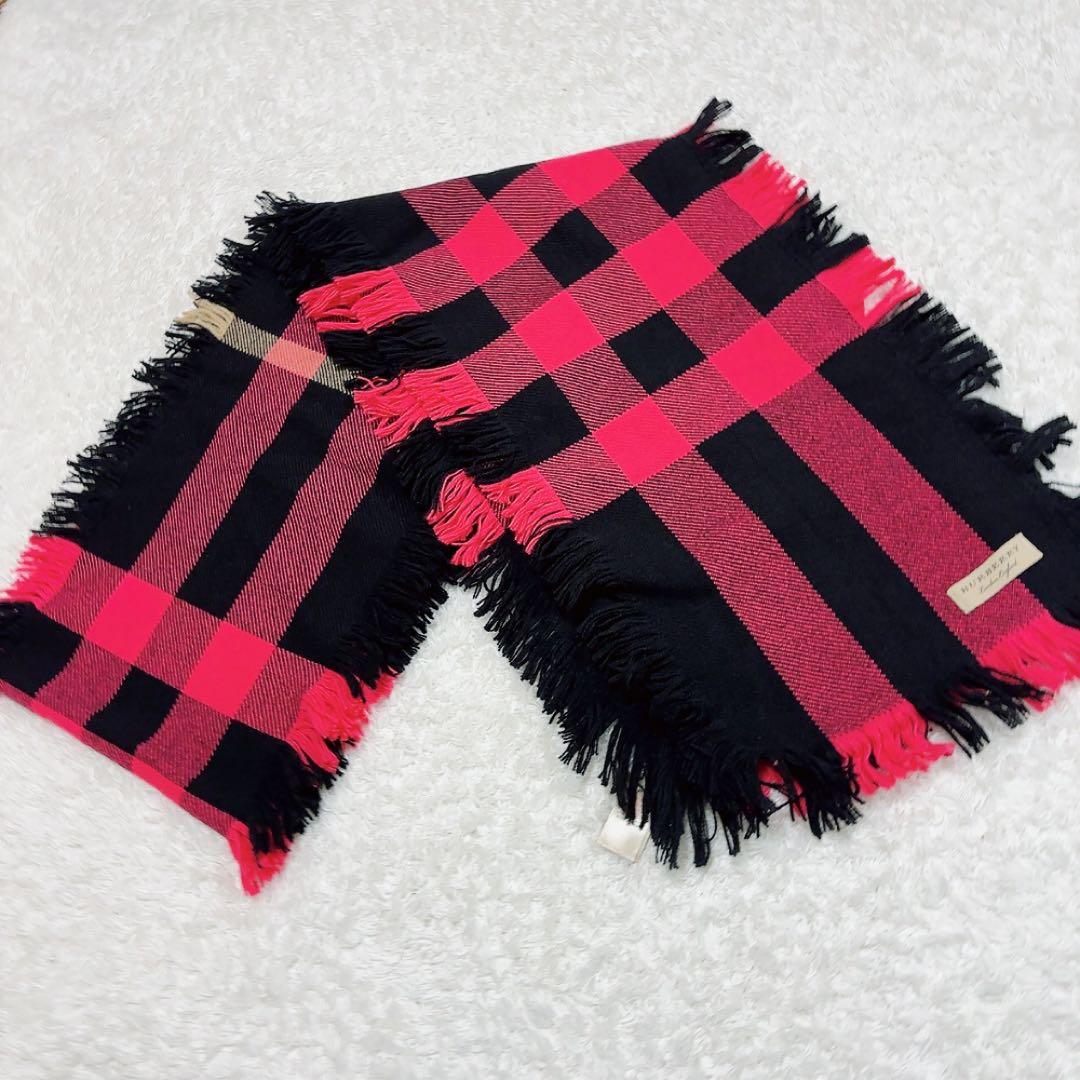 美品✨BURBERRY ダブルフリンジロングマフラー チェック ウール