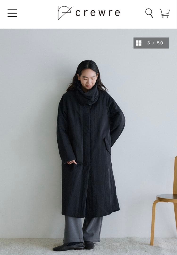 crewre 2wayノーカラーパファーコートスヌード付size3 ブラック