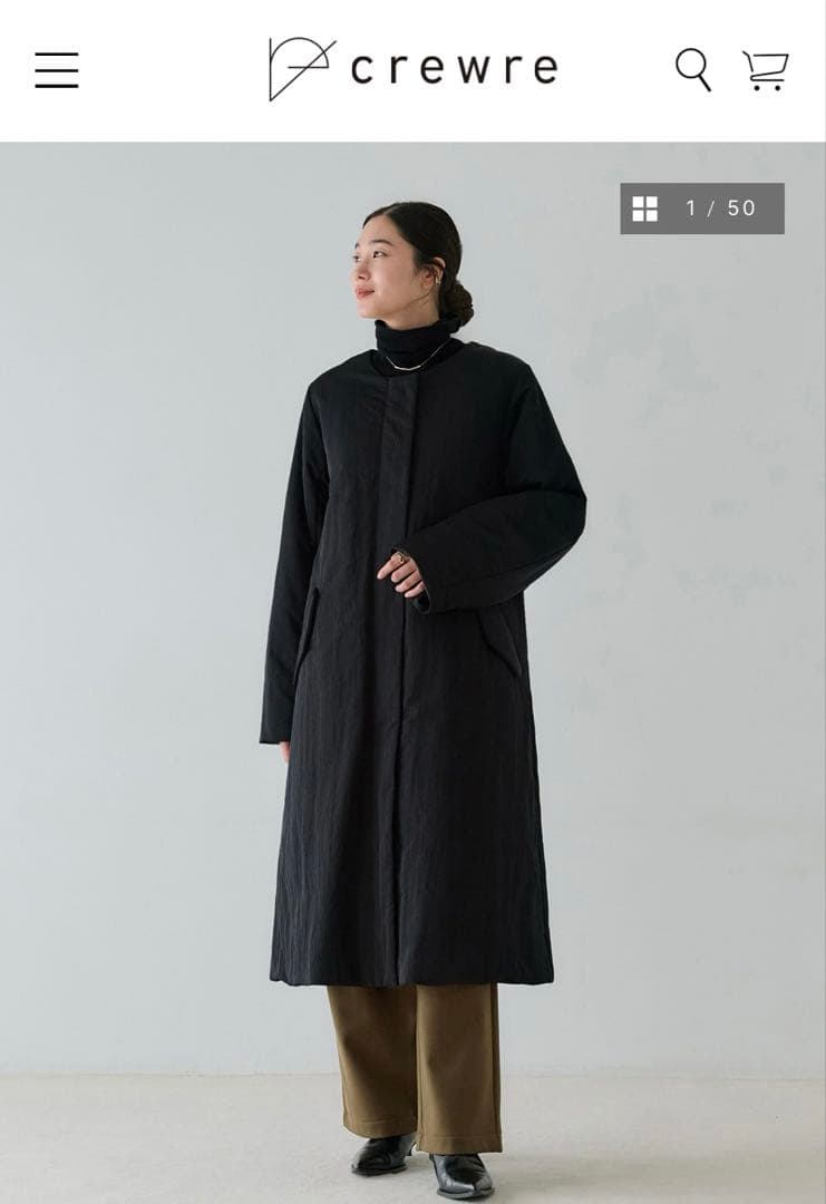 crewre 2wayノーカラーパファーコートスヌード付size3 ブラック