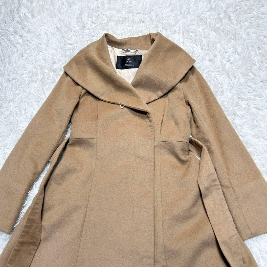 【美品】イネド カシミヤ100% ロングコート 女優襟 Aライン キャメル S