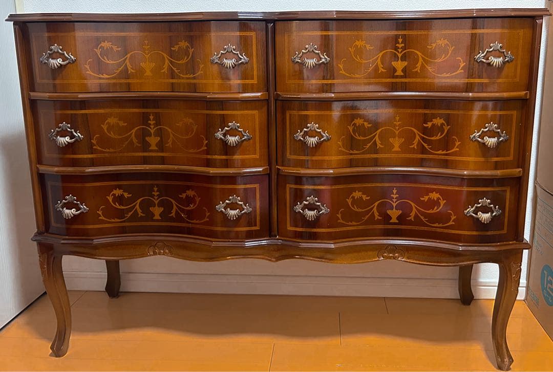 イタリア家具 チェスト アンティーク 6段 112cm 象嵌 イタリア製 猫脚