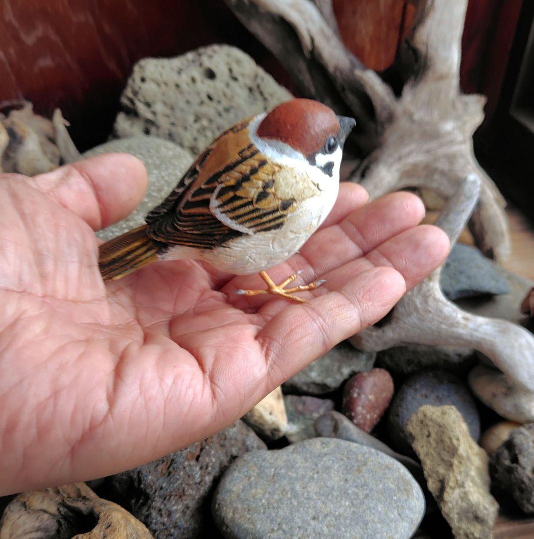 小さなバードカービング ふくらスズメ(福良雀) 野鳥 木彫り