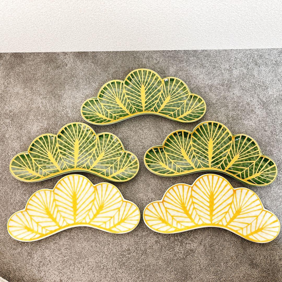 ふー様ご依頼品　専用　幸楽窯　錦金松葉形前菜皿　茶緑金　白金　5点セット