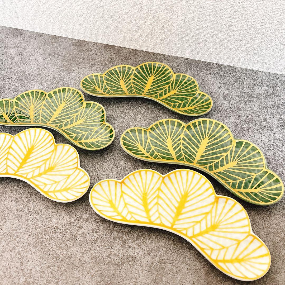 ふー様ご依頼品　専用　幸楽窯　錦金松葉形前菜皿　茶緑金　白金　5点セット