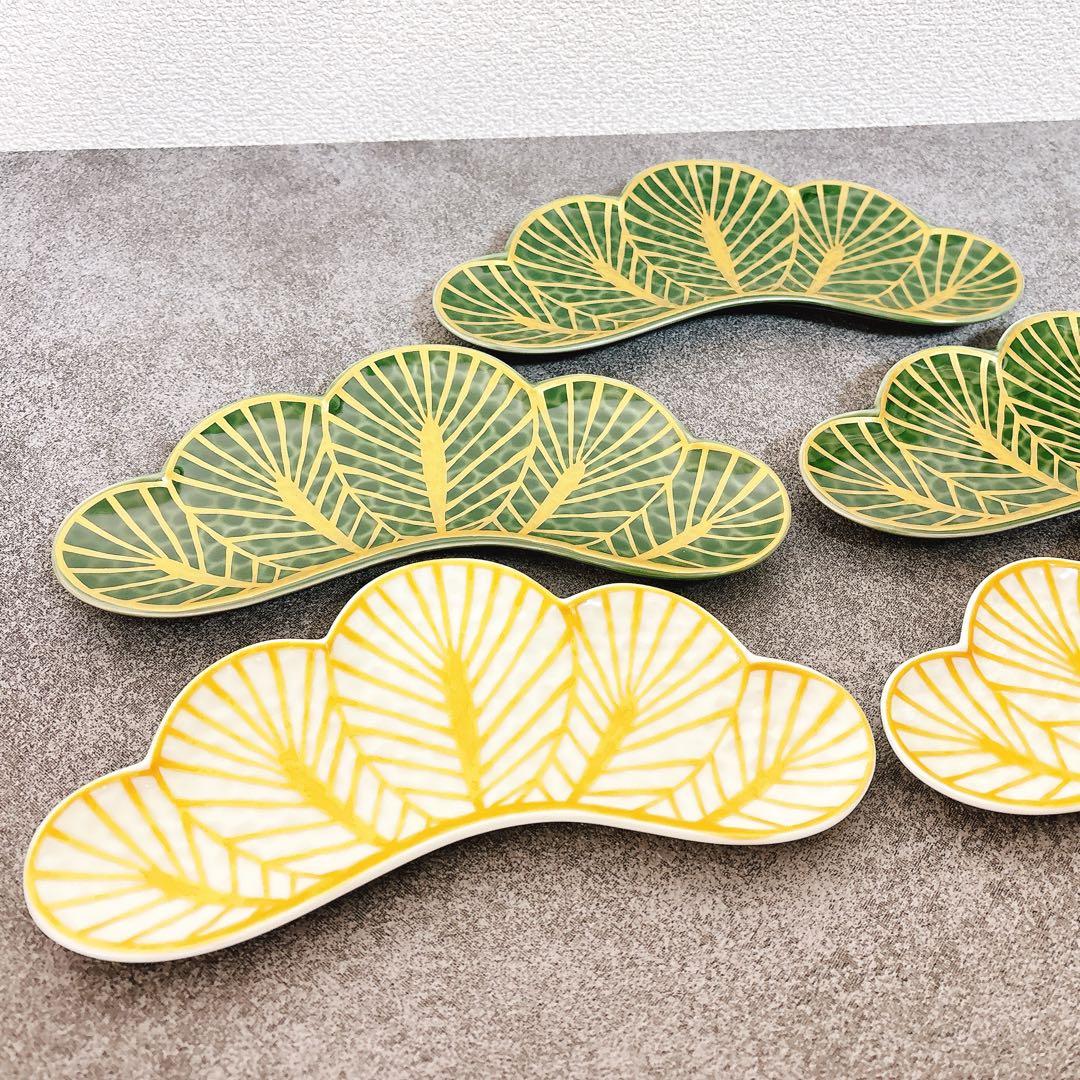 ふー様ご依頼品　専用　幸楽窯　錦金松葉形前菜皿　茶緑金　白金　5点セット