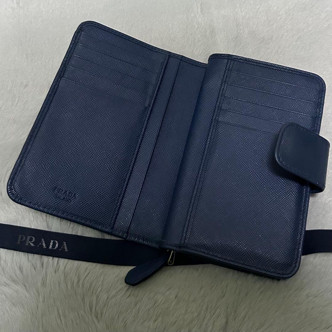 PRADA プラダ　折り財布　ラウンドファスナー　ブルー　ゴールドロゴ