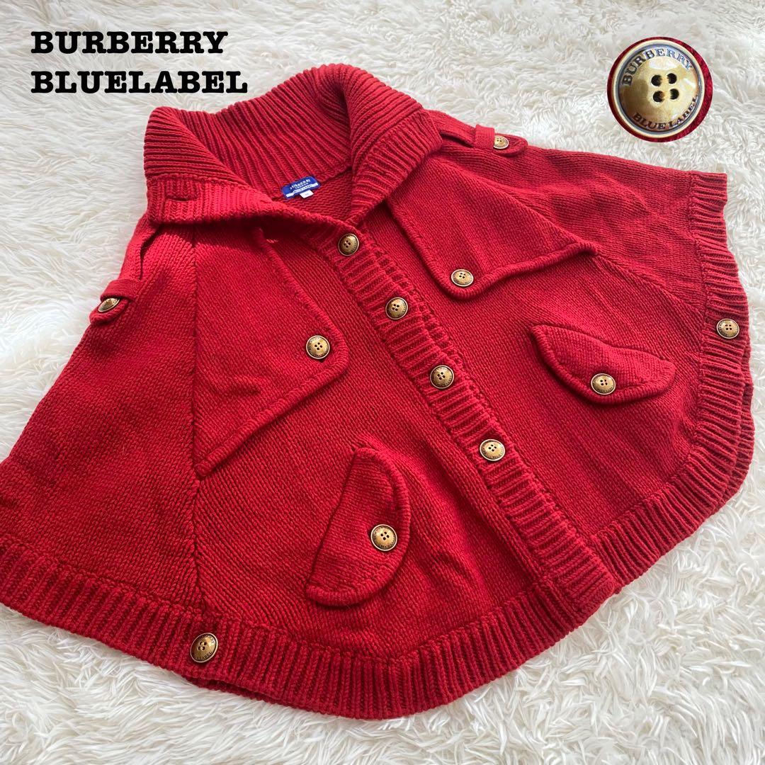 希少　バーバリーブルーレーベル　ニットポンチョ　金ボタン　赤　Mサイズ　三陽商会