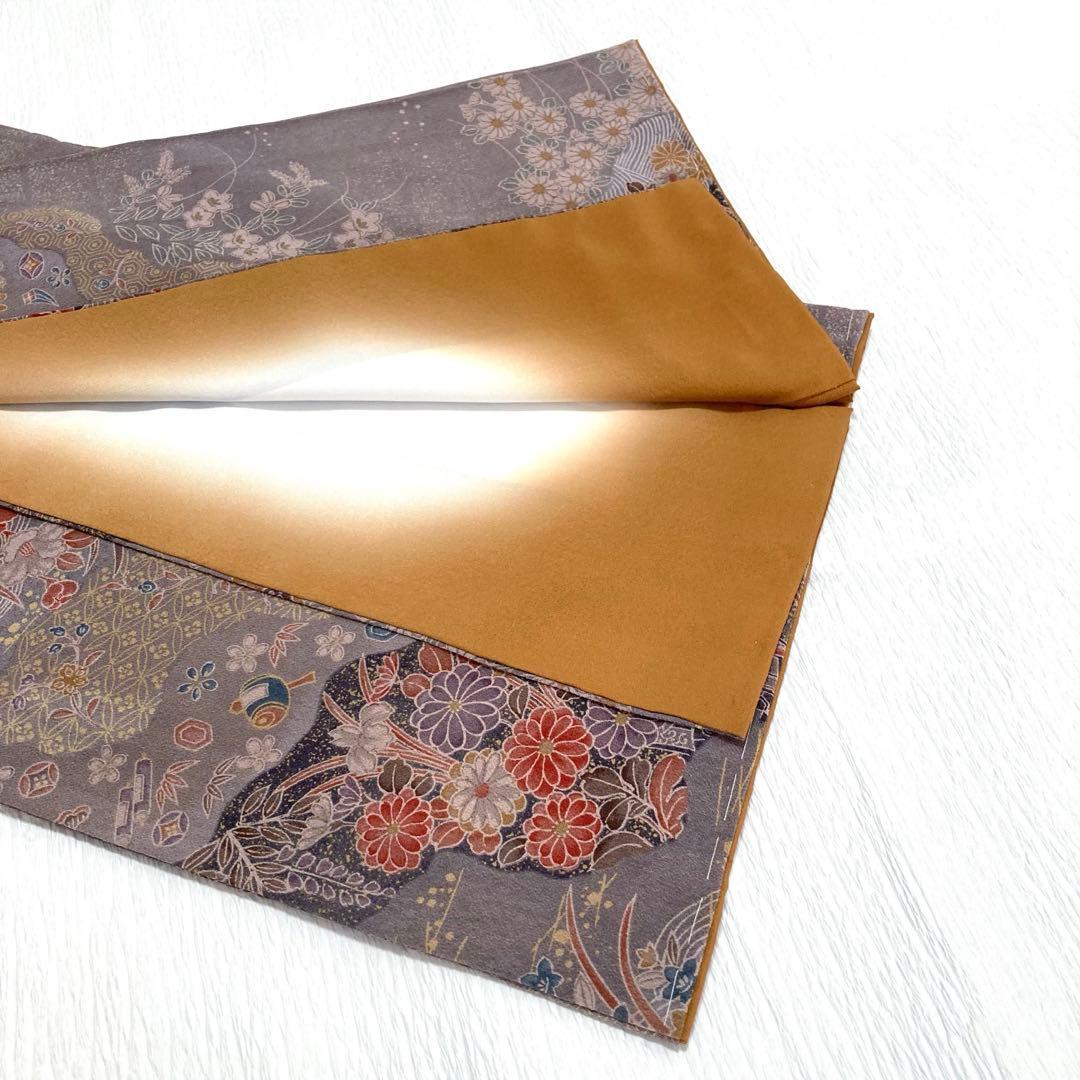 【未使用美品✨】東レシルック　さんび　洗える着物　小紋　江戸鼠色　四季草花　O3