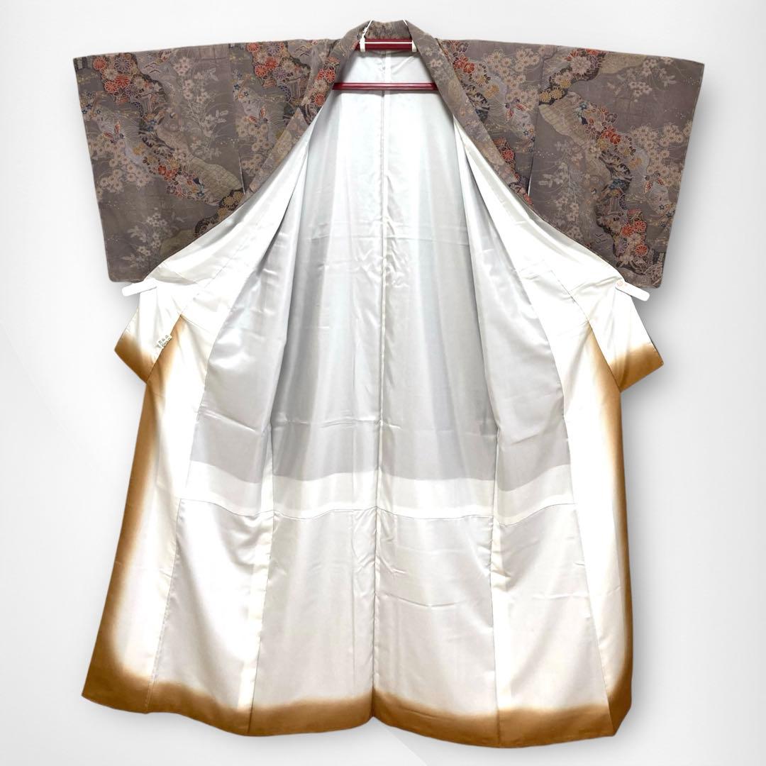 【未使用美品✨】東レシルック　さんび　洗える着物　小紋　江戸鼠色　四季草花　O3