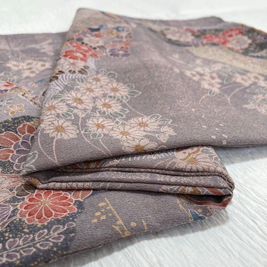 【未使用美品✨】東レシルック　さんび　洗える着物　小紋　江戸鼠色　四季草花　O3