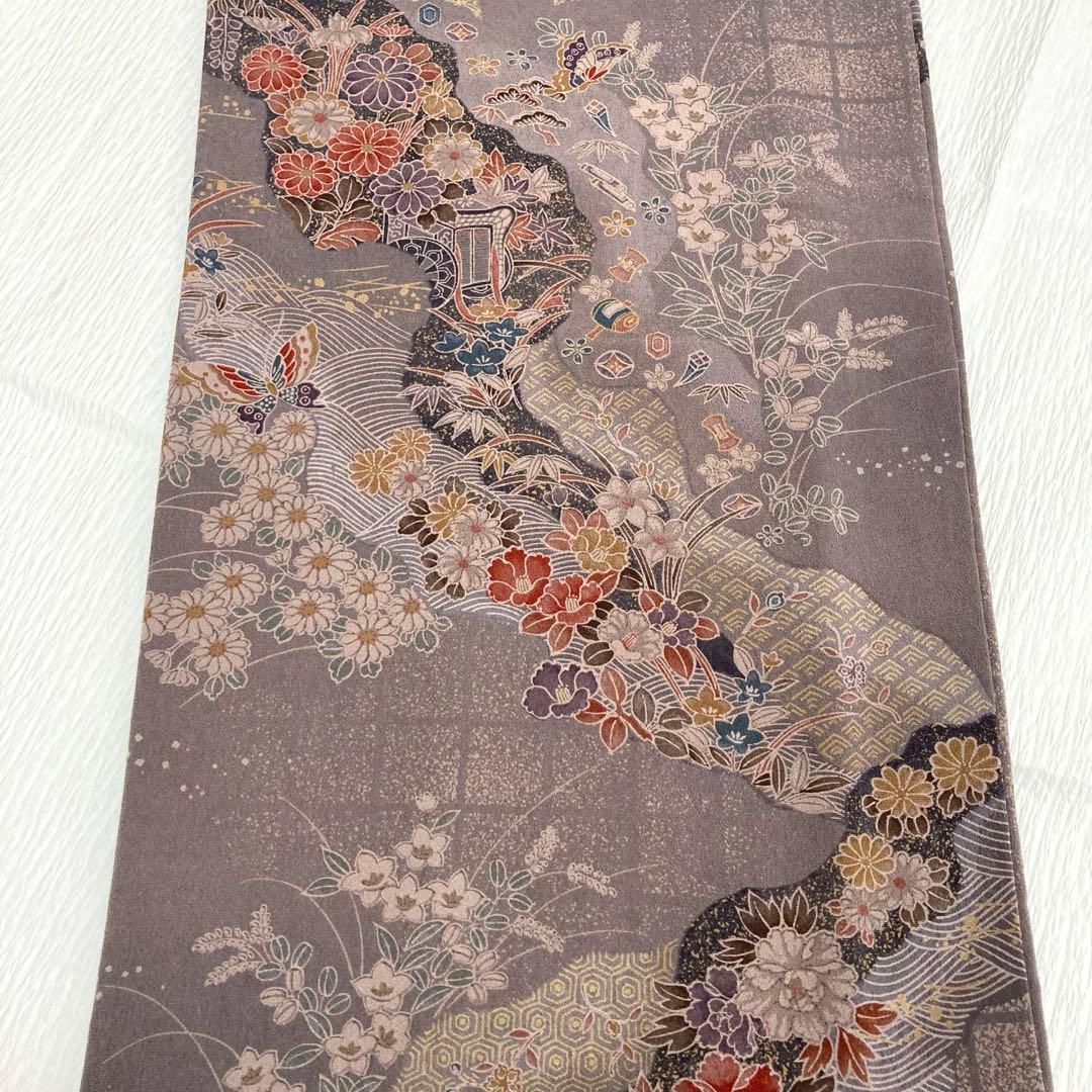 【未使用美品✨】東レシルック　さんび　洗える着物　小紋　江戸鼠色　四季草花　O3