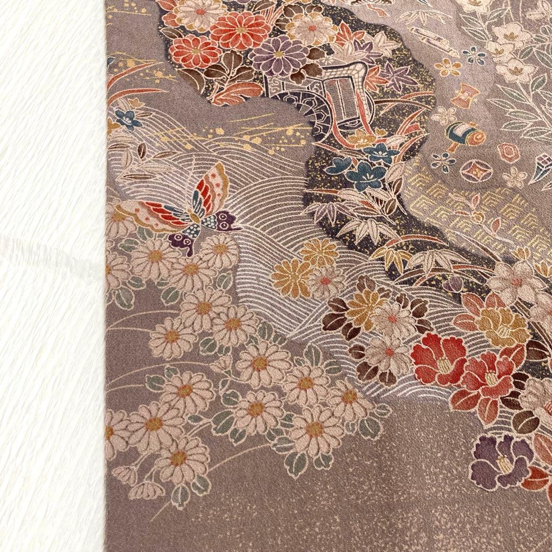 【未使用美品✨】東レシルック　さんび　洗える着物　小紋　江戸鼠色　四季草花　O3