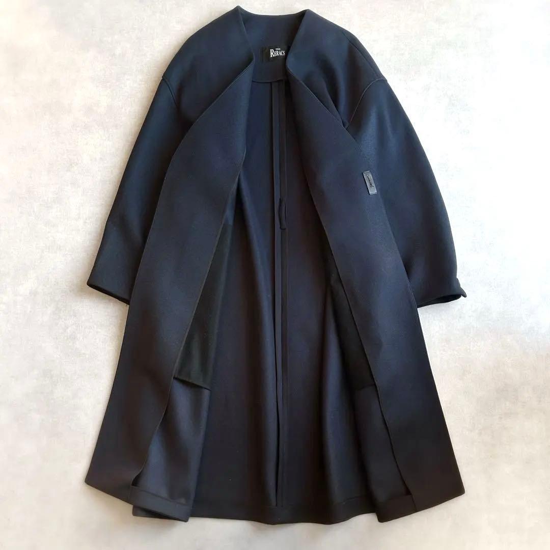 美品▲THE RERACS リラクス//ウールノーカラーコート▲ネイビー 紺色