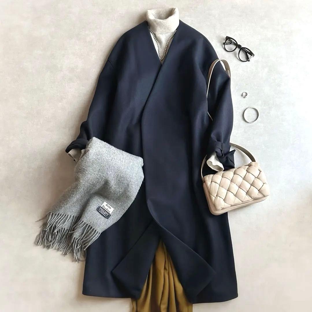 美品▲THE RERACS リラクス//ウールノーカラーコート▲ネイビー 紺色