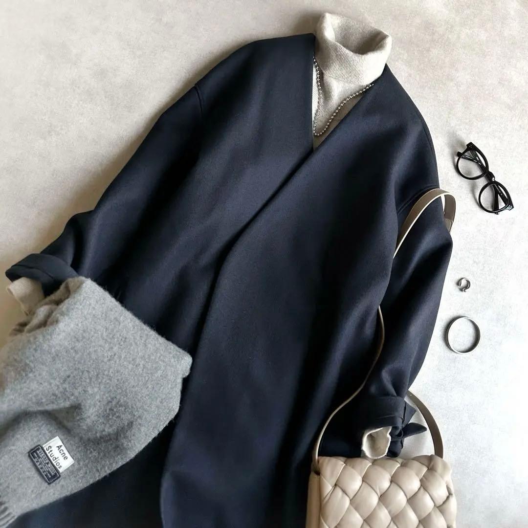 美品▲THE RERACS リラクス//ウールノーカラーコート▲ネイビー 紺色