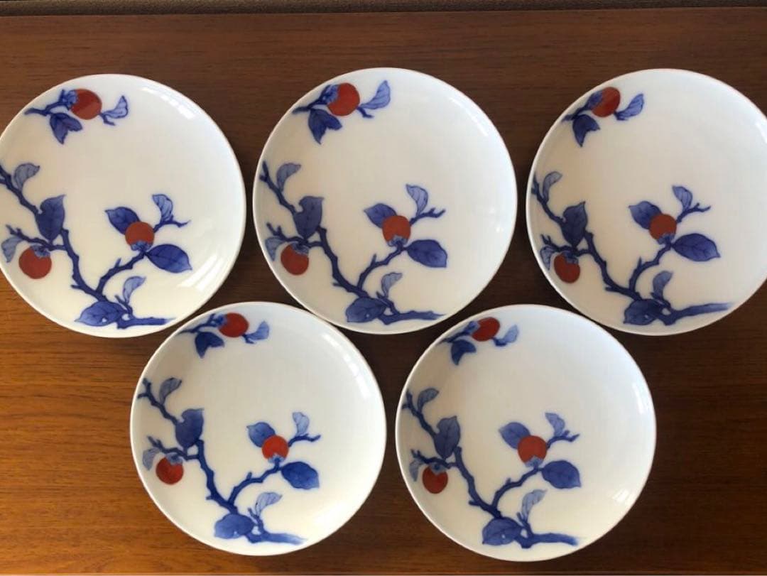 13代酒井田柿右衛門　皿5枚組共箱付き　人間国宝「染錦　柿文　皿」未使用