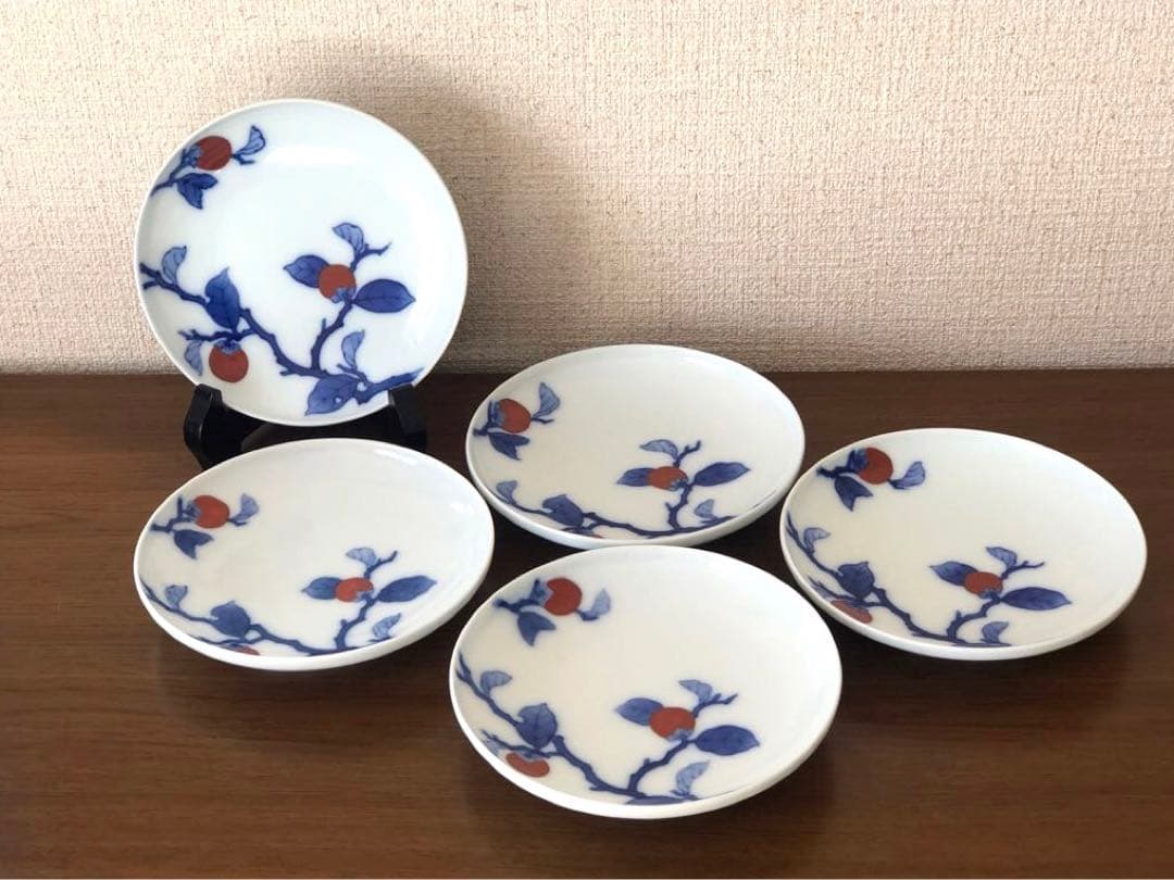 13代酒井田柿右衛門　皿5枚組共箱付き　人間国宝「染錦　柿文　皿」未使用