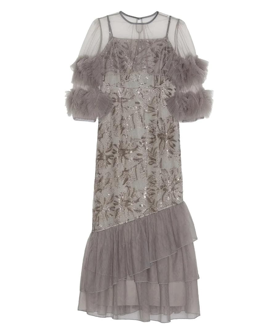 LEJA レジャ フラワースパンコールチュールフリルスリーブIライン ドレス