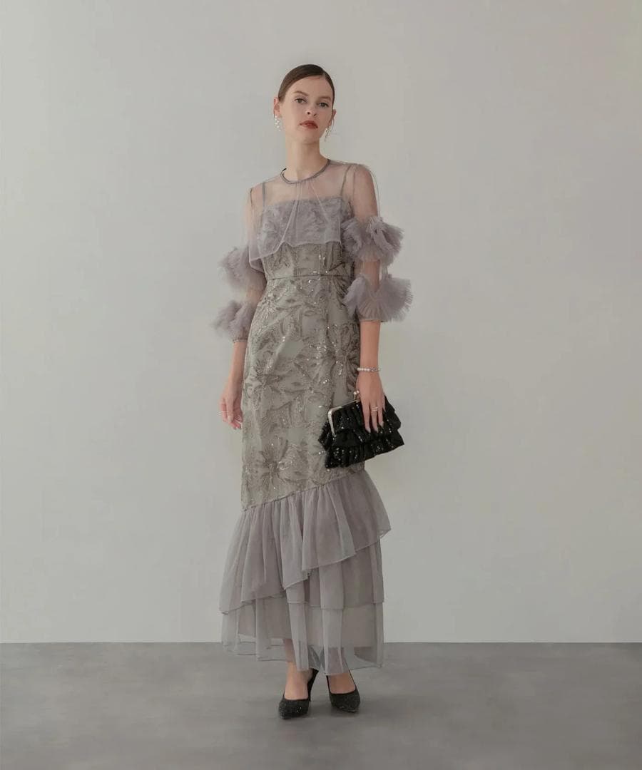 LEJA レジャ フラワースパンコールチュールフリルスリーブIライン ドレス