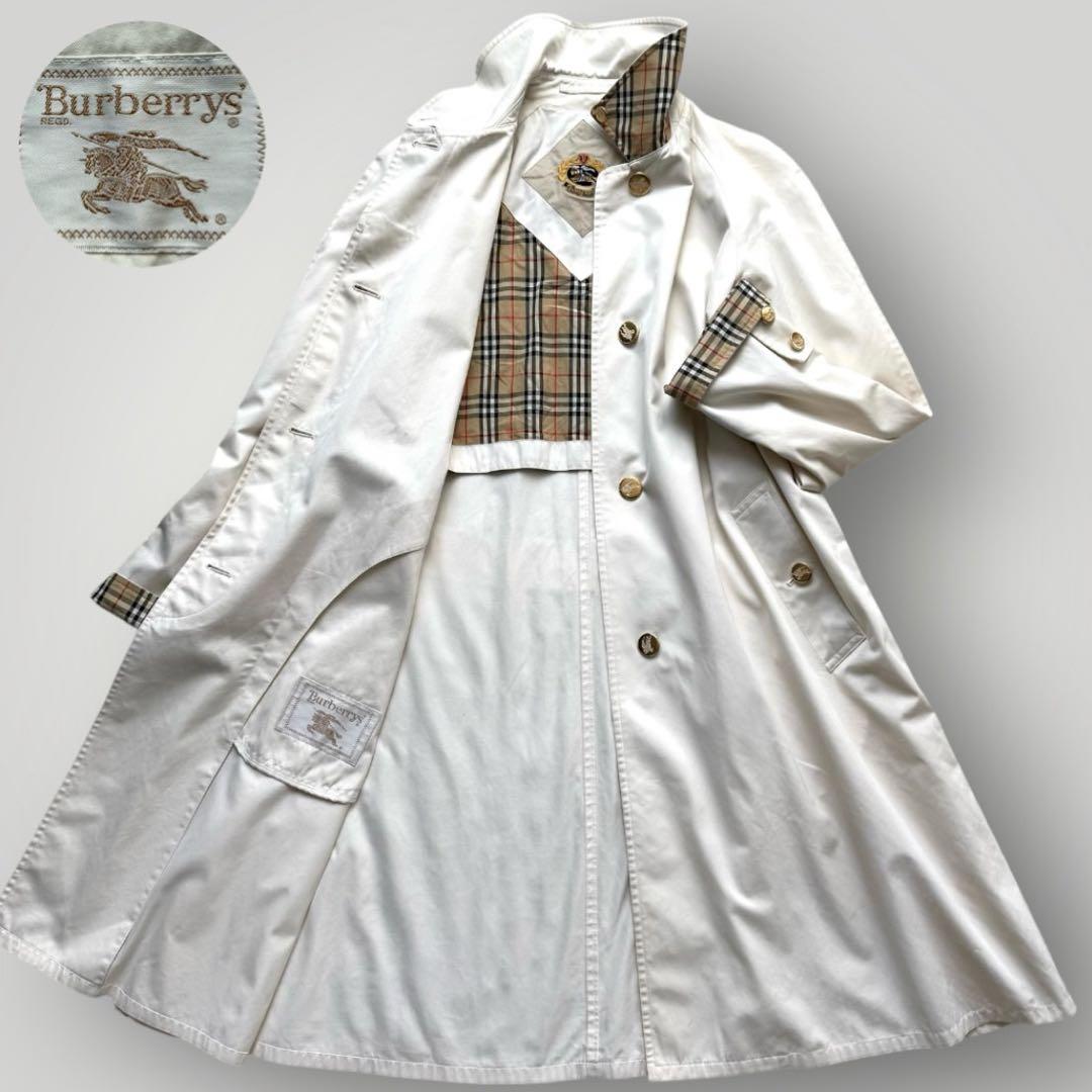 希少 Burberrys ステンカラーコート 金ボタン ノバチェック ホワイト