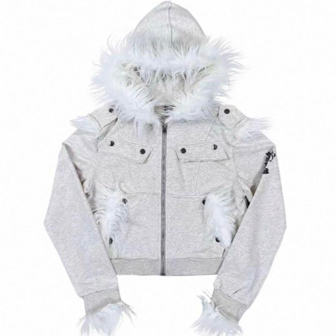 Y2K グランジ ファー パーカー ホワイト 00s サイバー パンク drip