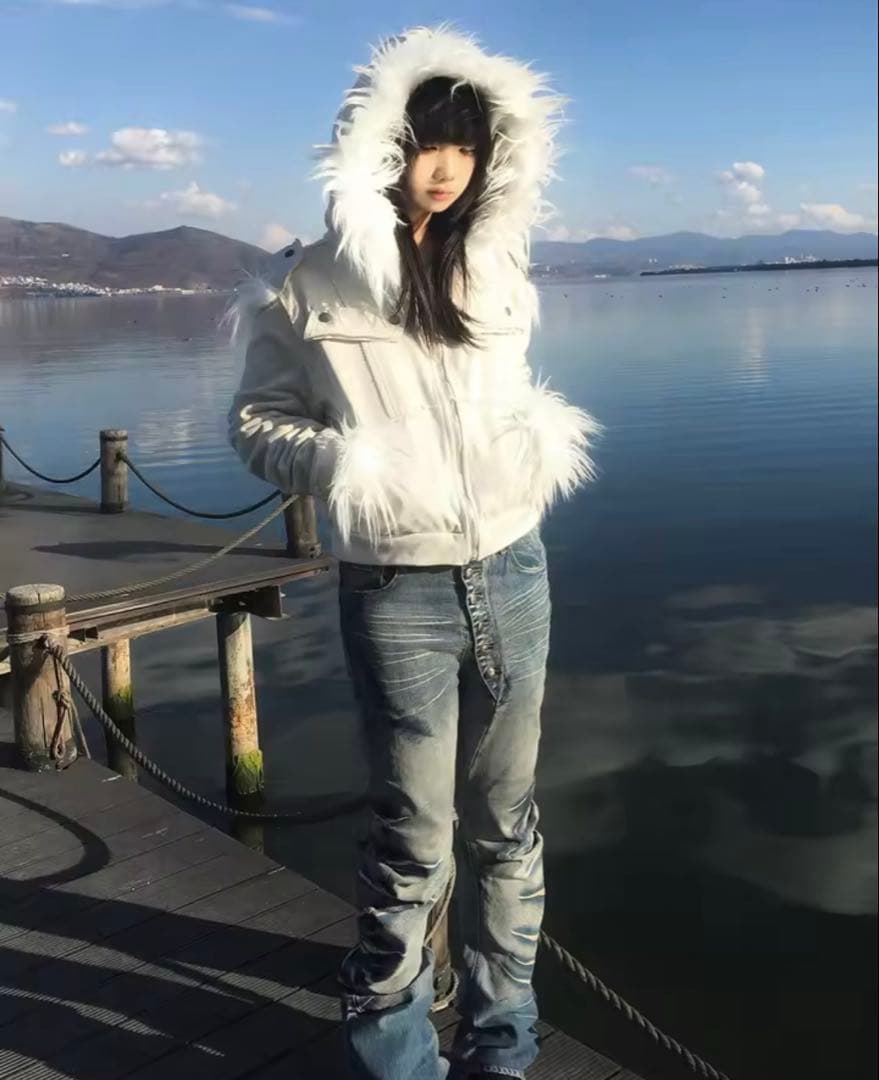 Y2K グランジ ファー パーカー ホワイト 00s サイバー パンク drip