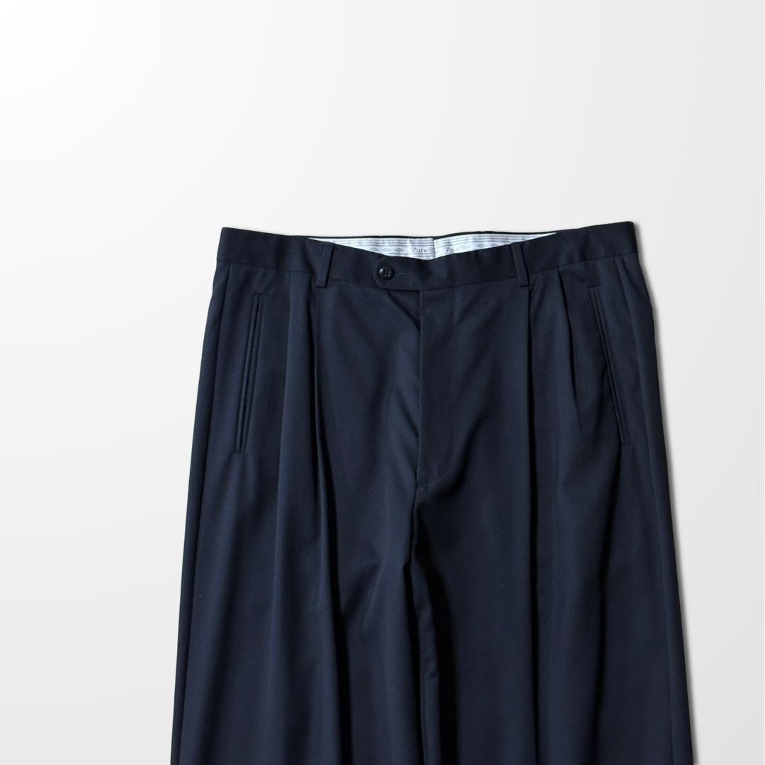 ザネッラ　W34　ワイド　ツータック　スラックス　ブラック　ダークネイビー　古着