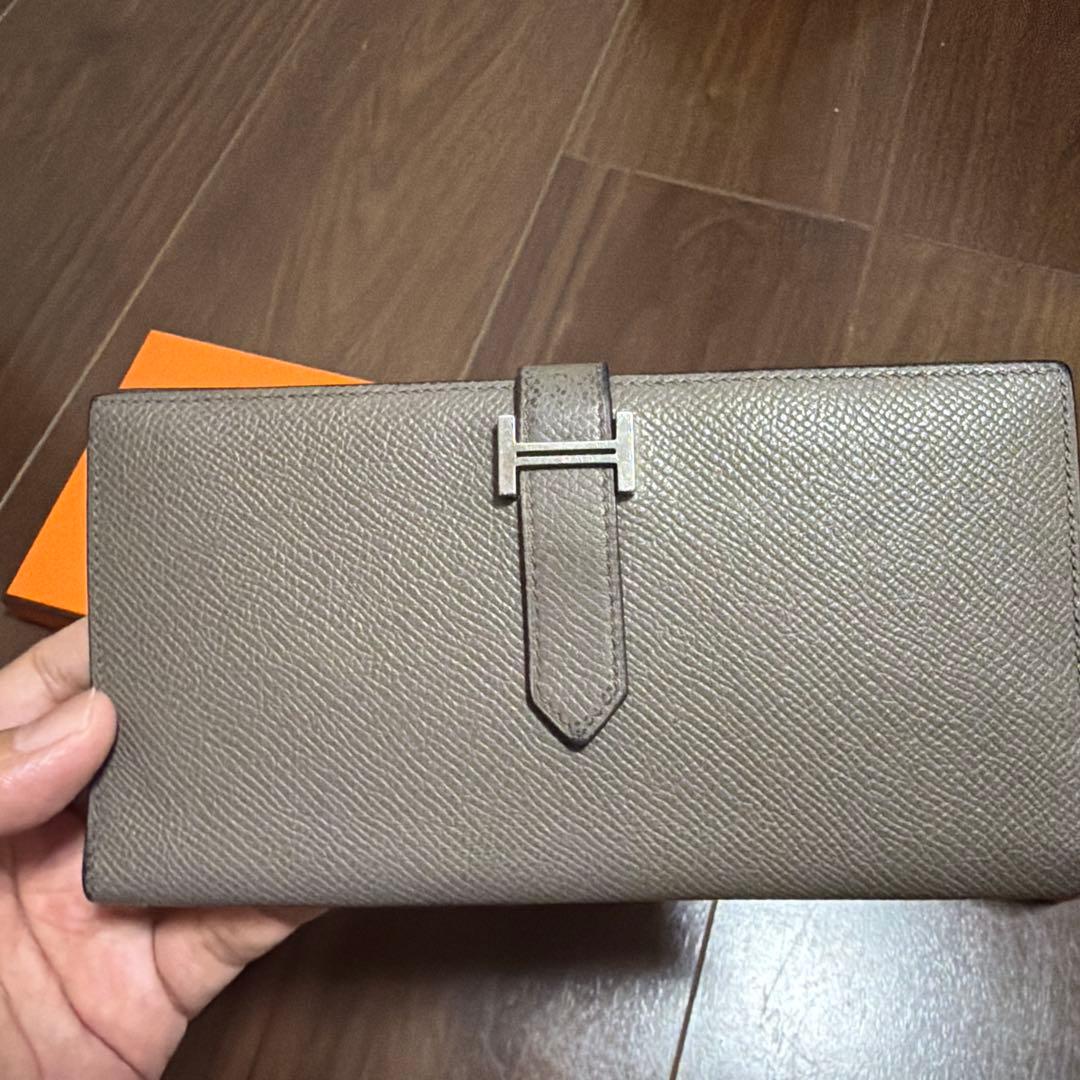 【美品】HERMES べアン スフレ グレー レザー 長財布 箱付き