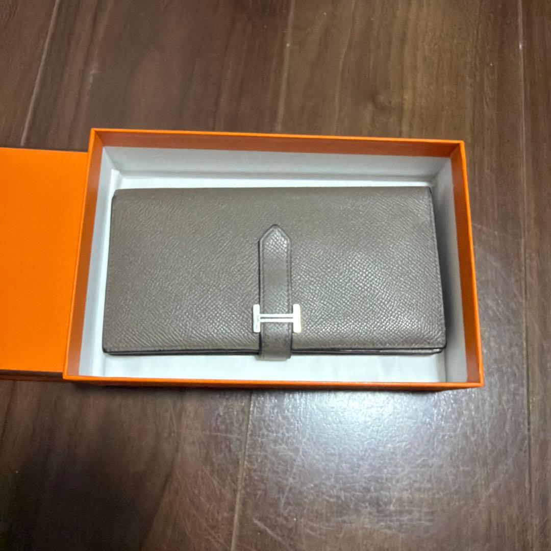 【美品】HERMES べアン スフレ グレー レザー 長財布 箱付き