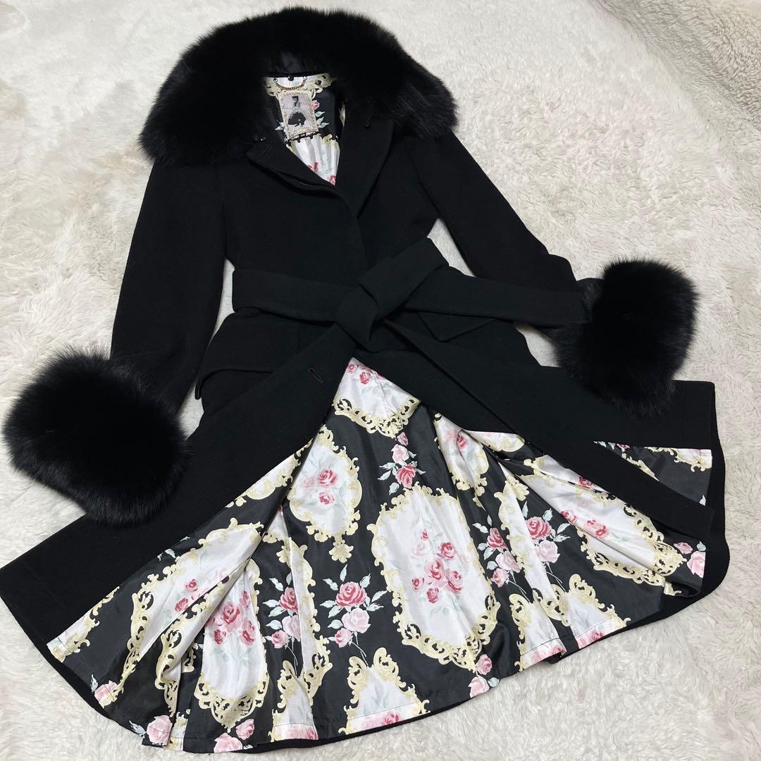 美品　ジーザスディアマンテ　プリンセスコート　ベルト　ファー　アンゴラ　花柄　黒