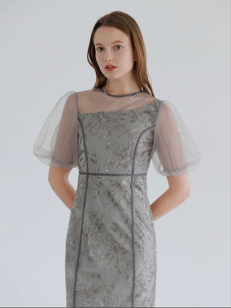 Leja アシンメトリーシアーフラワードレスワンピース