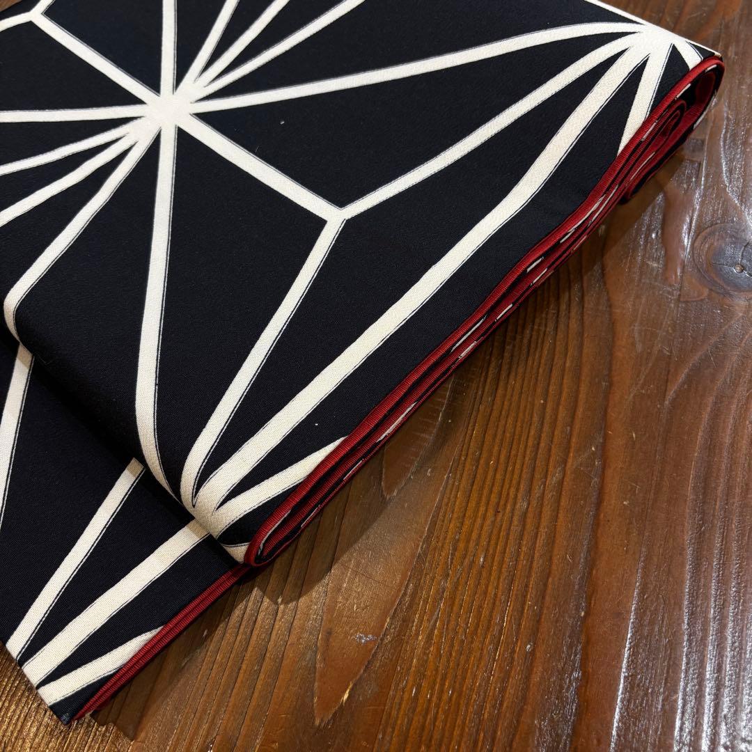 京袋帯　黒に麻の葉模様　全通　長さ365 レトロモダン o1587