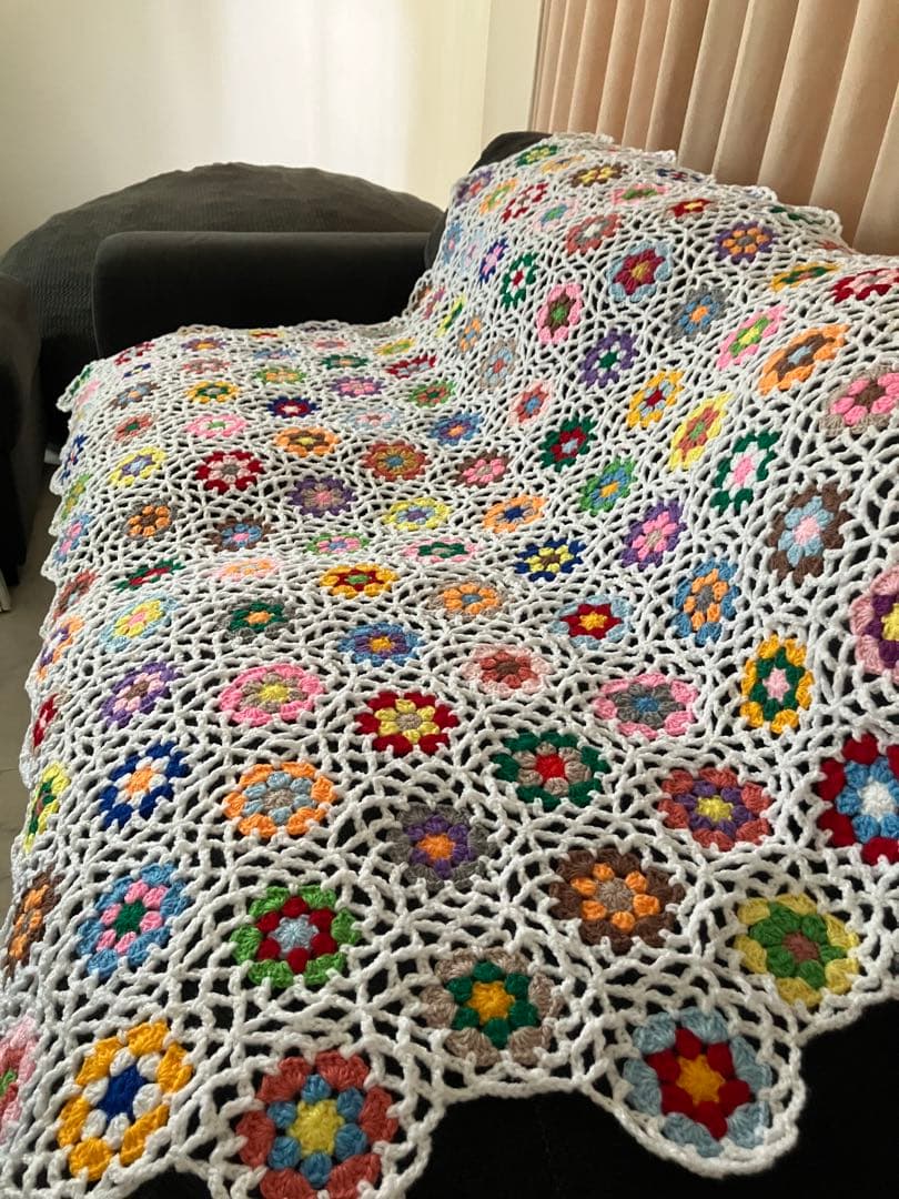 ソファーカバー　ベッドカバー　大判ブランケット　マルチカバー　手編み　ハンドメイ