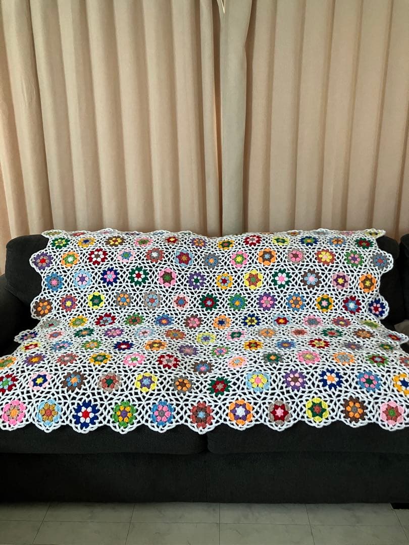 ソファーカバー　ベッドカバー　大判ブランケット　マルチカバー　手編み　ハンドメイ