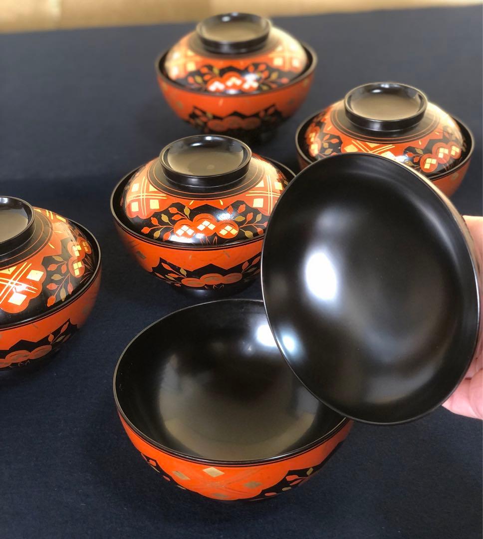 《R》正法寺蒔絵 煮物椀5客 葵春作 木製漆器 共箱　251208お4