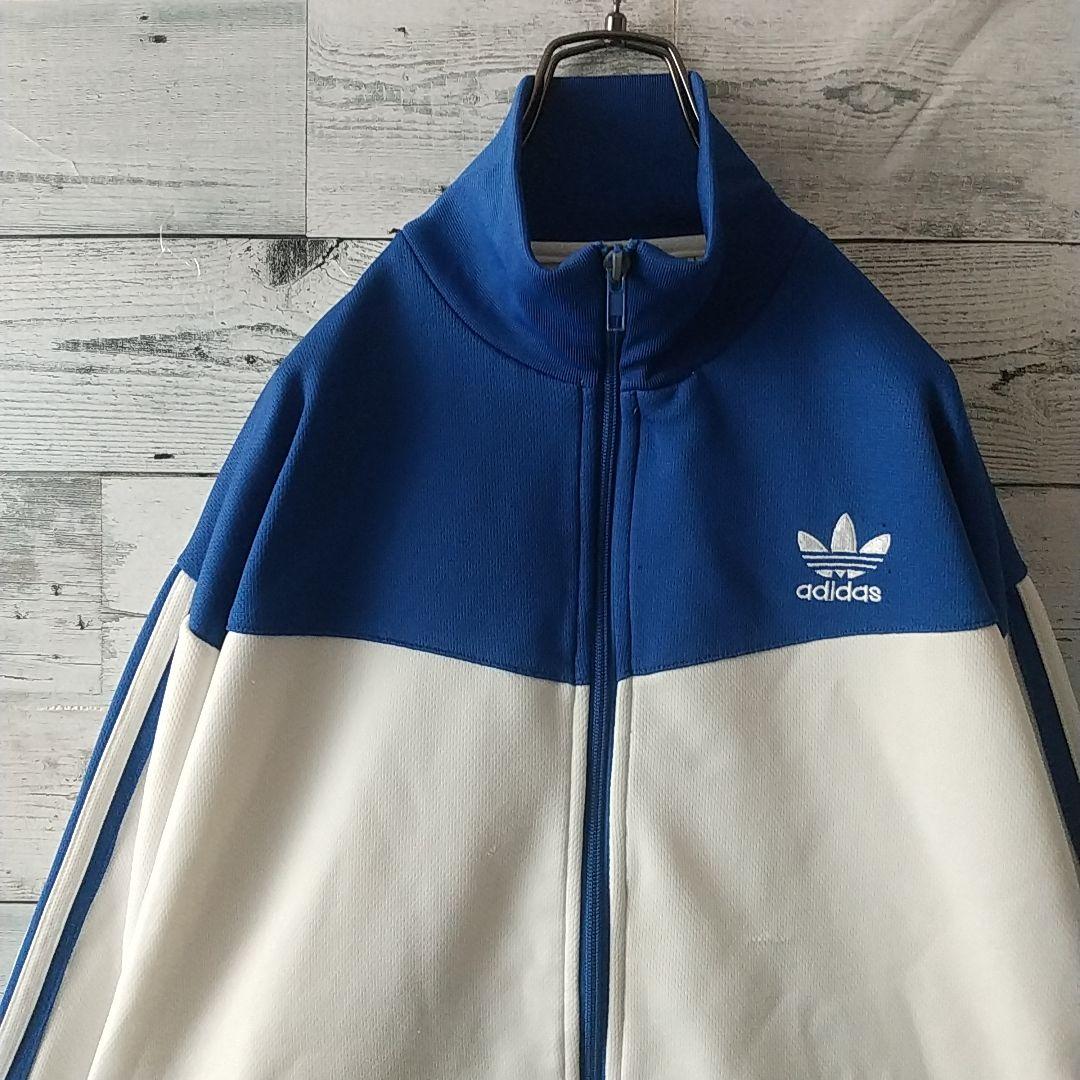 人気カラー☆90s アディダス 刺繍ロゴ トラックジャケット L 白×青