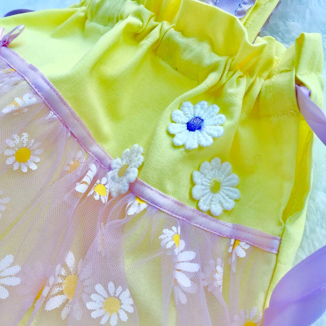 お花いっぱい　プリンセスお着替え袋　ふわふわドレス紫パープルイエロー黄色