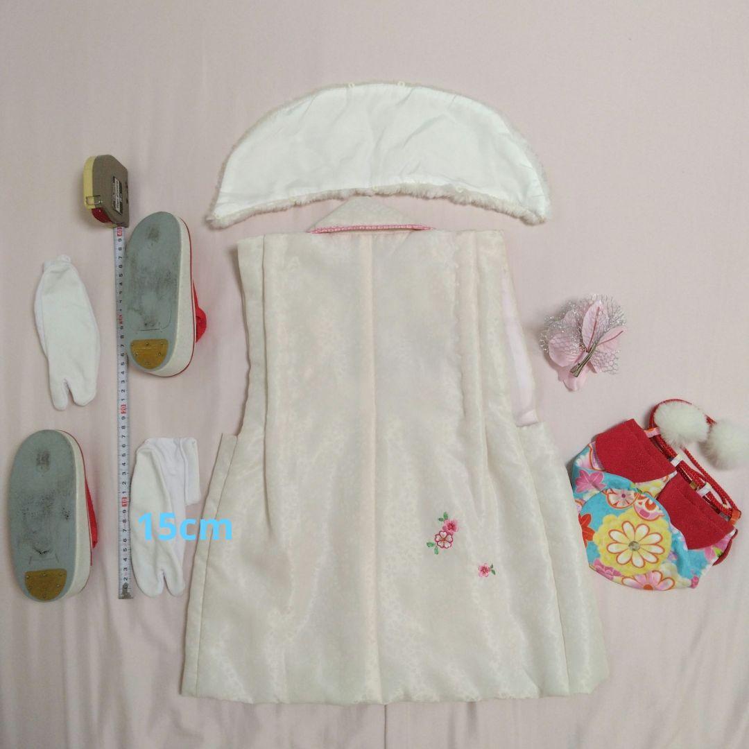 七五三8点①花刺繍被布着②着物③花刺繍襟長襦袢④髪飾り⑤ファー⑥足袋⑦草履⑧巾着