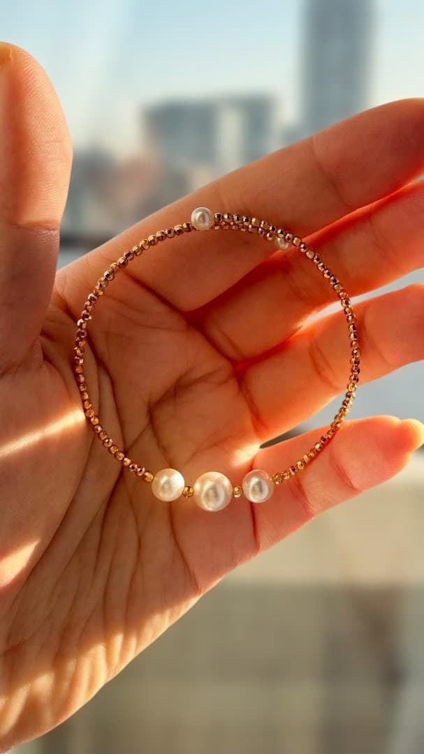 極上あこや真珠✨5粒パール バングル S925/18KGP 形状記憶 華奢見え