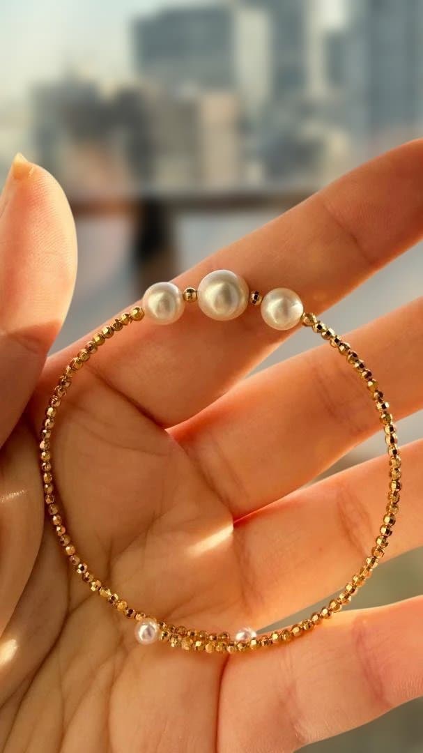 極上あこや真珠✨5粒パール バングル S925/18KGP 形状記憶 華奢見え