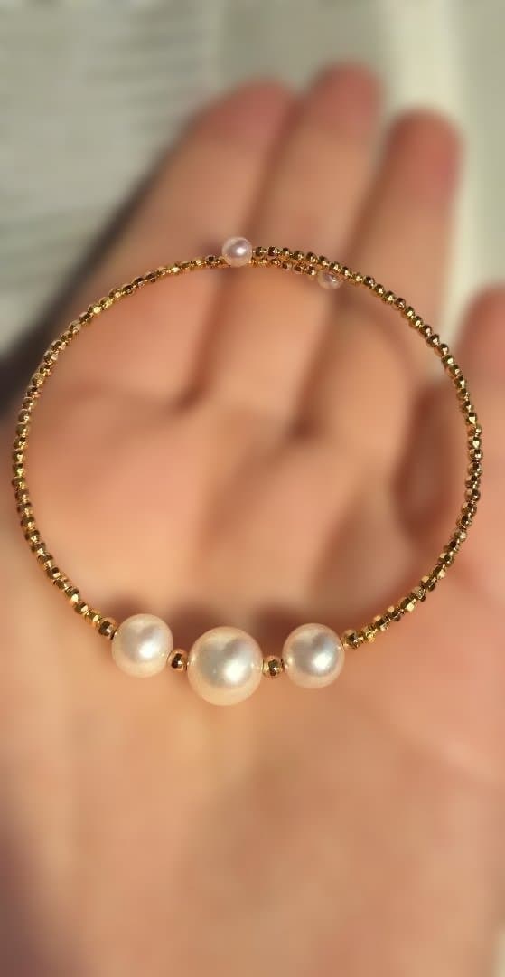 極上あこや真珠✨5粒パール バングル S925/18KGP 形状記憶 華奢見え