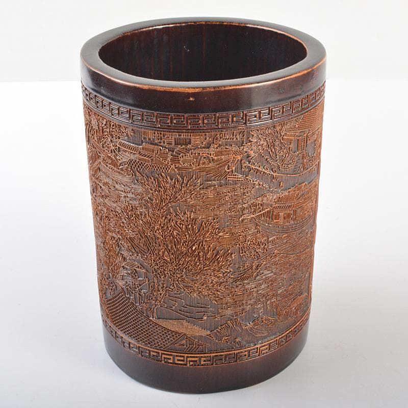 中国　古竹彫刻　清明上河図刻　筆筒　V　R7106