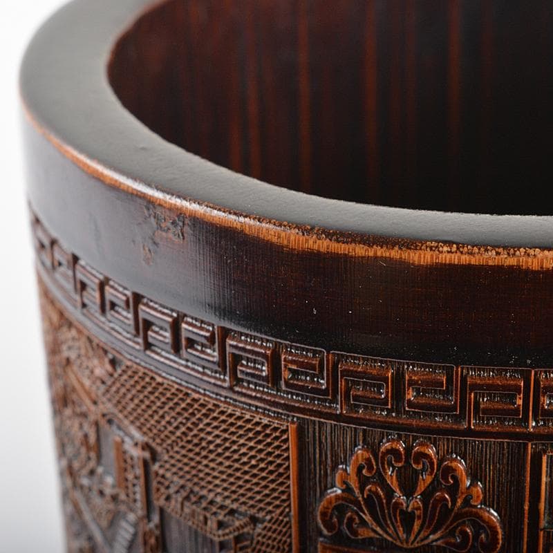 中国　古竹彫刻　清明上河図刻　筆筒　V　R7106