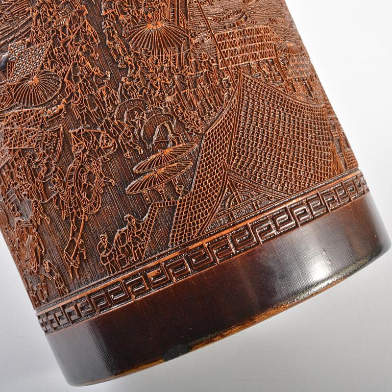 中国　古竹彫刻　清明上河図刻　筆筒　V　R7106