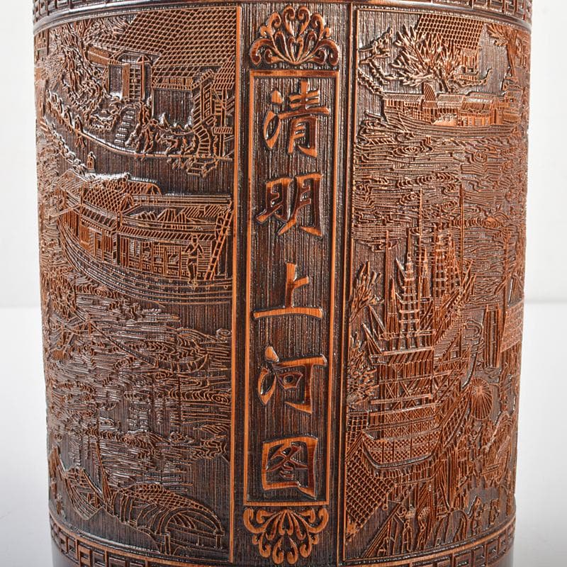 中国　古竹彫刻　清明上河図刻　筆筒　V　R7106