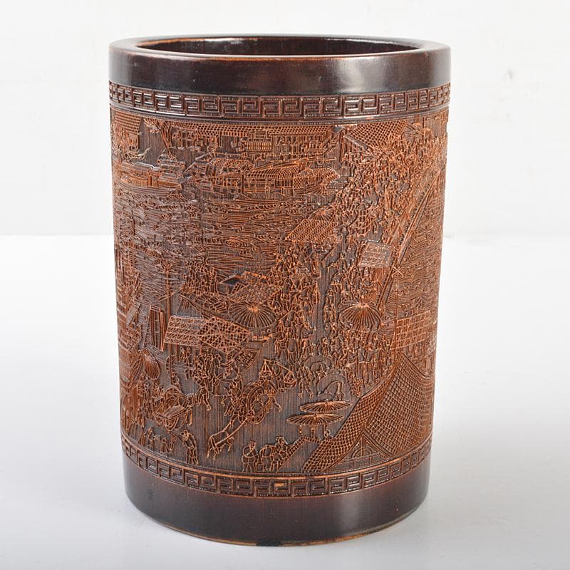 中国　古竹彫刻　清明上河図刻　筆筒　V　R7106