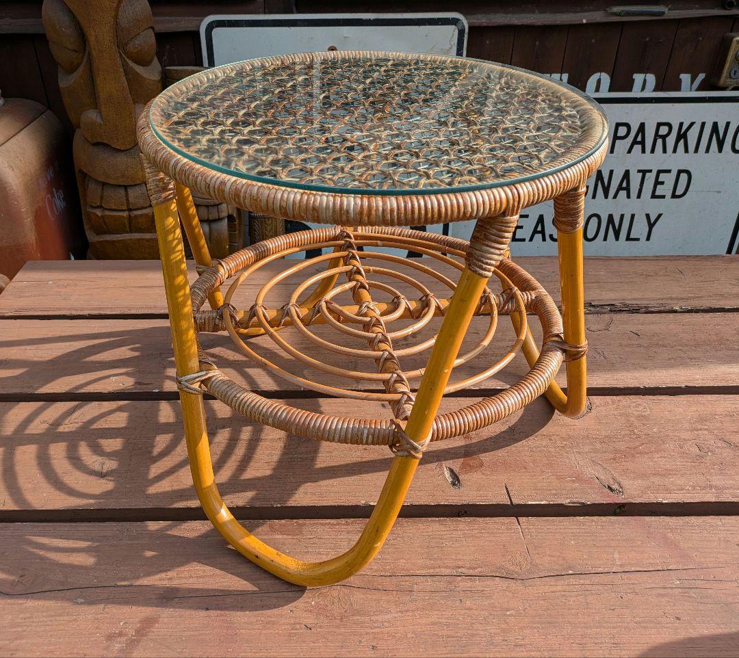 ビンテージ オールド ラタン ガラステーブル コーヒーテーブル