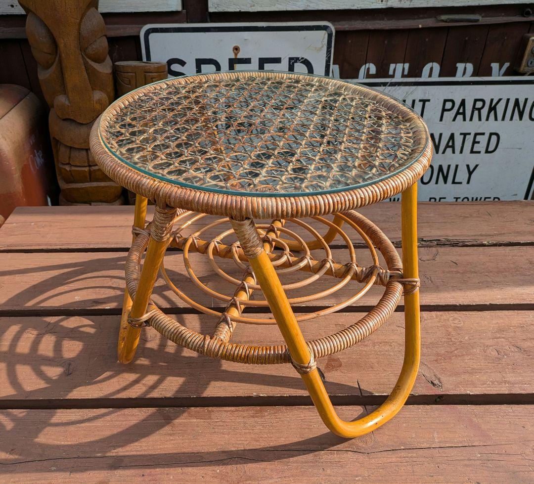 ビンテージ オールド ラタン ガラステーブル コーヒーテーブル